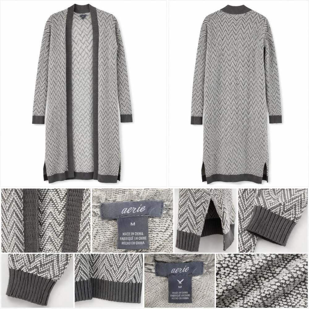 Aerie Chevron Long Open Front Cardigan Sweater Grey White Size M